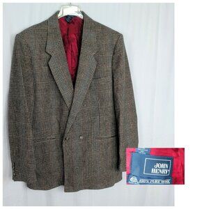 Vintage 80s John Henry Blazer 42 Long Large Brown Plaid Double Breast